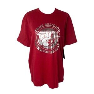 True Religion Buddha Foil Logo Shirt Mens Large Red Silver Short Sleeve Crewneck